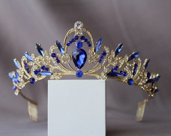 Tiara azul con pendientes, Tiara de zafiro dorado, Corona real, Tiara nupcial, Tiara de color de fiesta, Accesorio para el cabello de boda, Tiara para niño