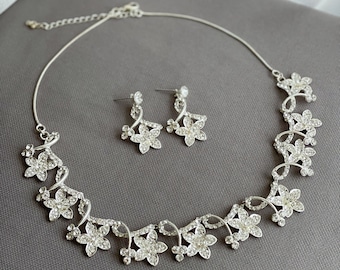 Silber Braut Halskette Set, Kristall Halskette und Ohrringe, Diamanten Blume Schmuck Set, Silber Braut Ohrringe, Kristall Halskette Set