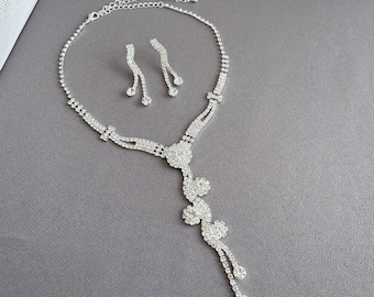 Crystal necklace and earrings, silver necklace set, simple wedding necklace, bridal jewelry set,  bridal earrings, prom necklace set