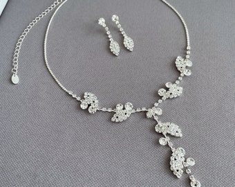 Silberne Halskette, Kristall-Halskette und -Ohrringe, einfache Hochzeitskette, Blumenschmuck-Set, Braut-Ohrringe, Prom-Cz-Halskette-Set