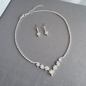 Silver necklace set, crystal necklace and earrings, simple wedding necklace, bridal jewelry seta,  bridal earrings, prom cz necklace set
