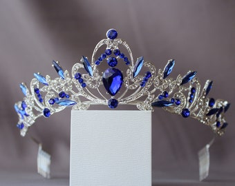 Diadema di zaffiro, diadema blu con orecchini, diadema per bambino, corona reale, diadema nuziale di cristallo, corona nuziale, diadema di strass, corona d'argento