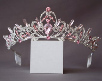 Pink tiara, Silver tiara for child, Royal crown, Pink headband, Crystal bridal tiara, Pink princess tiara, Pink hair piece, Wedding tiara