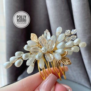 Bridal headband, Gold bridal hair comb, Pearl veil headpiece, Crystal hair piece, Flower hair comb, Small barrette, Bridesmaid gift