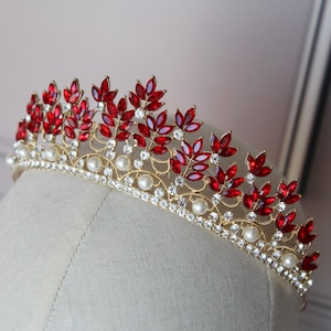 Red tiara, Gold tiara, Royal crown, Ruby tiara, Crystal tiara, Pearl bridal tiara, Wedding tiara, Rhinestone Tiara, Red hair piece