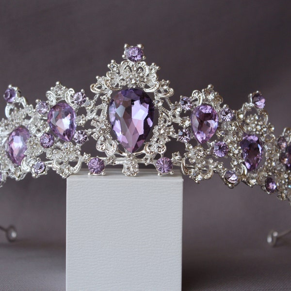 Purple tiara, Lavender crown, Gold tiara, Crystal crown, Purple headband, Princess tiara, Wedding tiara, Royal crown, Purple hair piece