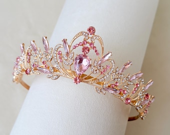 Pink Gold Tiara Crown, Lightweight Ballet Tiara, Princess Crown for Kids and Women, Pink Birthday Tiara, Elegant Dance Headpiece