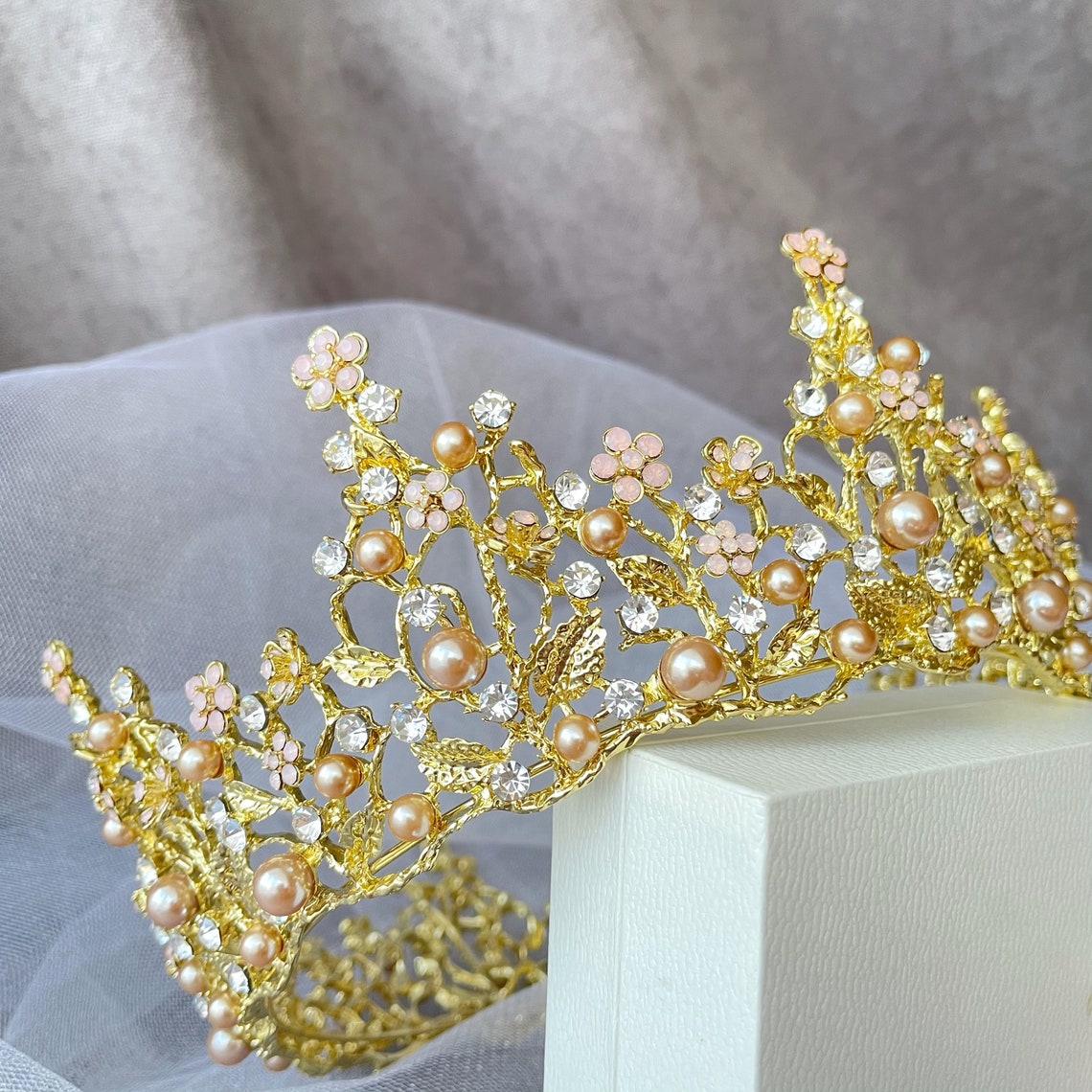 Novia Tiara de oro con perlas Tiara de cristal Tiara Etsy