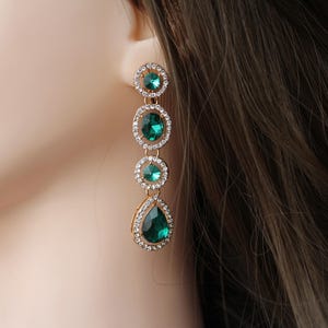 Green earrings, Emerald earrings, Elegant gold earrings for women, Green fashion long earrings, Bridal dangling earrings, Wedding earrings