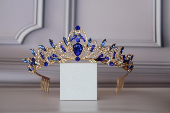 Buy Blue and Gold Sapphire Tiara Crown, Bridal Wedding Tiara  display picture 3