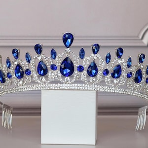 Blaue Krone, Saphir-Tiara, Blaue Tiara mit Ohrringen, Tiara für Kind, Königliche Krone, Braut-Tiara, Krone für Blaue Hochzeit,Silberne Krone