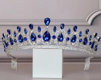 Royal Blue Crystal Crown, Blue Rhinestone Silver Tiara, Blue  display picture 1