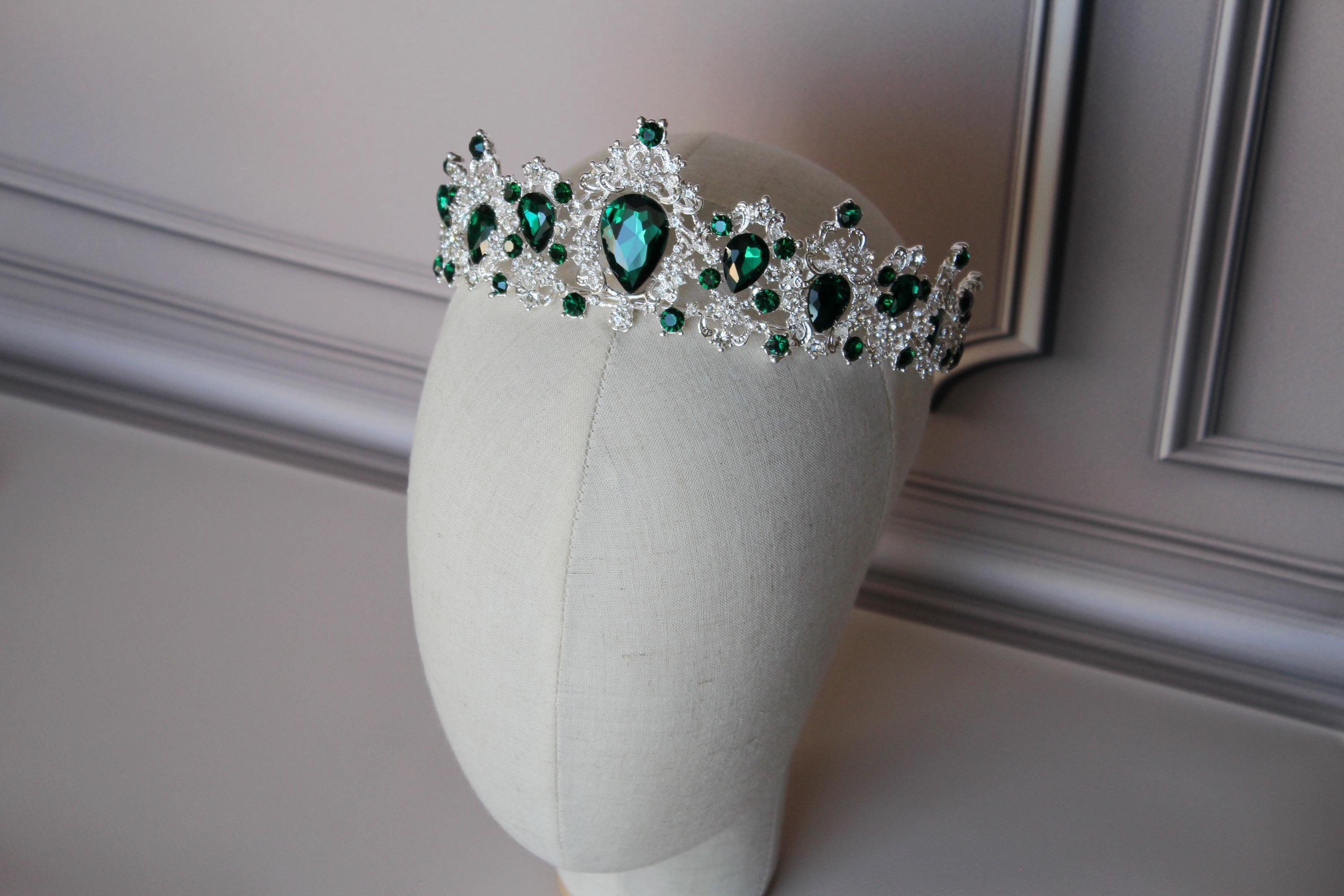 Emerald Green Rhinestone Tiara: Silver Wedding Crown Emerald 