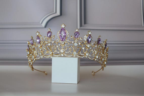Lavender Crystal Crown, Gold birthday Crown, Homecoming Tiara, Royal Queen Crown Lavender Crystal Flower Crown, Gold Princess Tiara for  main image 2