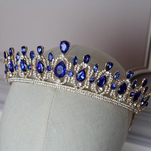Saphir blaue Braut Tiara, Prinzessinnen krone für Kind, Königsblaues Haarteil, Hellblaue Kinder Prinzessinnenkrone, Goldblaue Saphir Tiara
