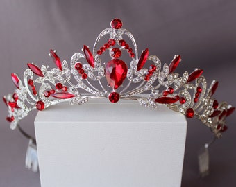 Red Tiara with Earrings, Silver Tiara, Royal Crown for child, Crystal Bridal Tiara, Crystal Wedding Crown, Rhinestone Tiara, Princess Tiara