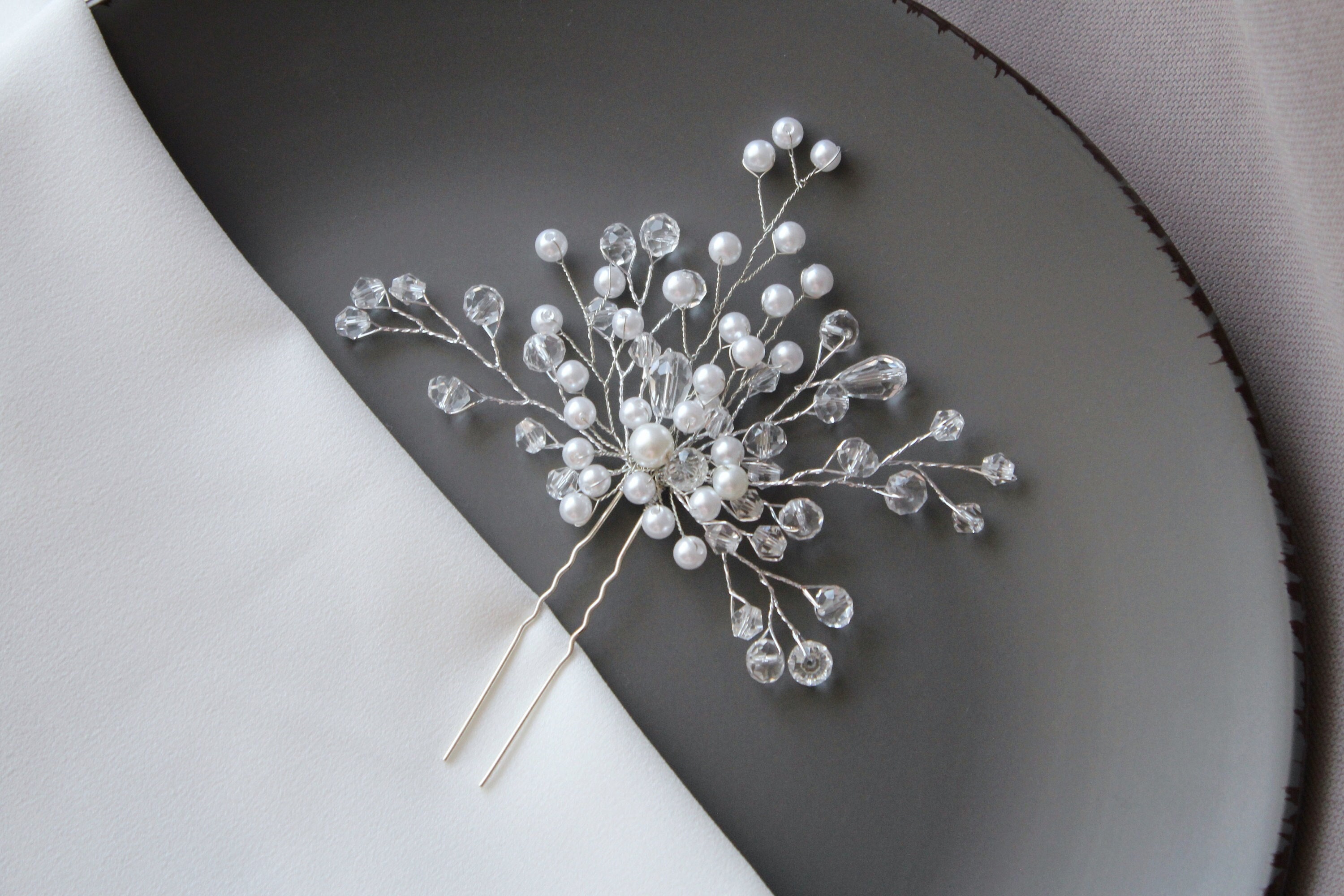 Crystal Bridal Hair Pins, Silver Hair Pins, Pearl Hair Clips  display picture 3