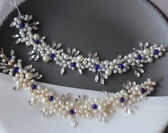Pearl headband, Wedding hair piece, Pearl veil hair accessories, blue and gold headpiece, bridal pearl hair vine, prom pearl jewelry