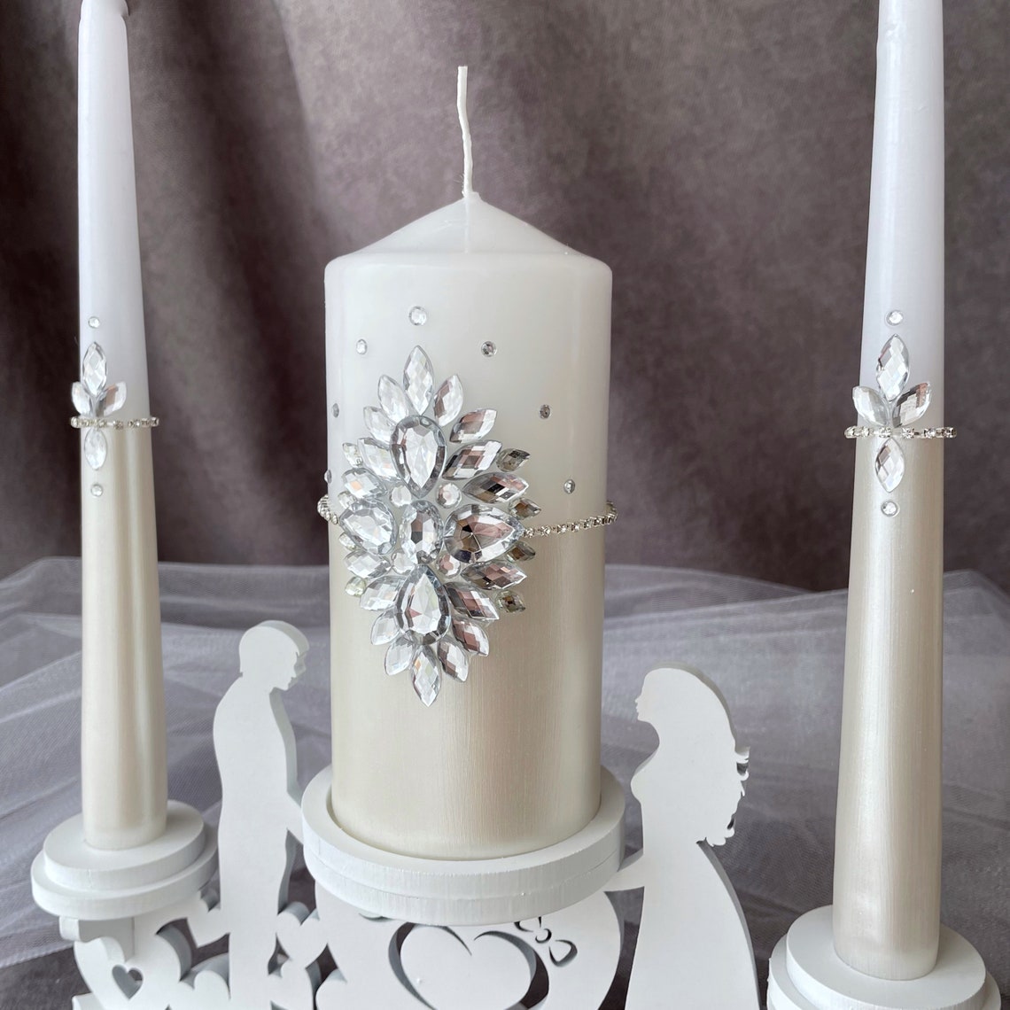 Ivory Wedding Unity Candle Set With Crystalswhite Wooden Etsy