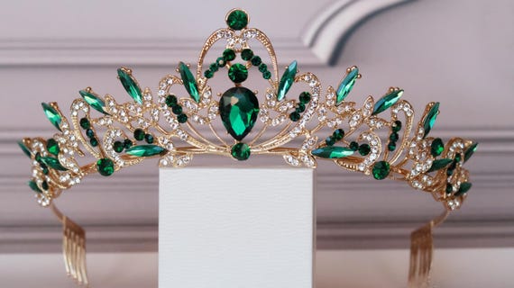 Green Crown, Emerald Tiara, Gold Tiara, Floral Tiara, Green  display picture 2