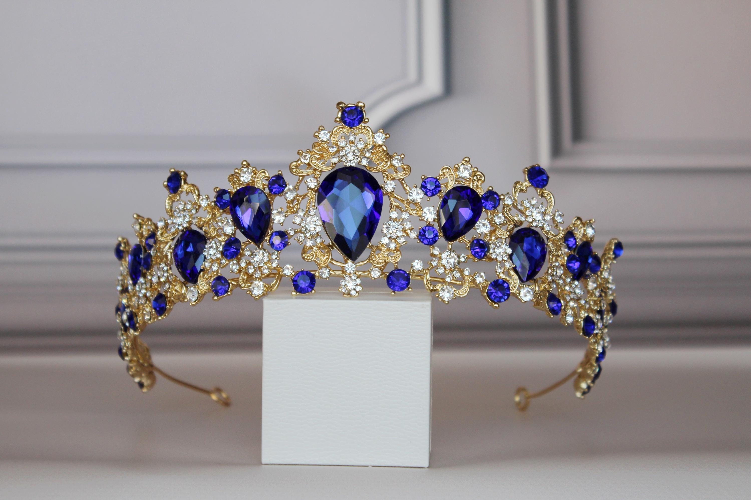 Vintage Gold Crown Queen Headband, Sapphire Bue Wedding Tiara, Hair Jewelry Amazon.com : Vofler Audrey Descendants Costume Crown, Gold  main image 2