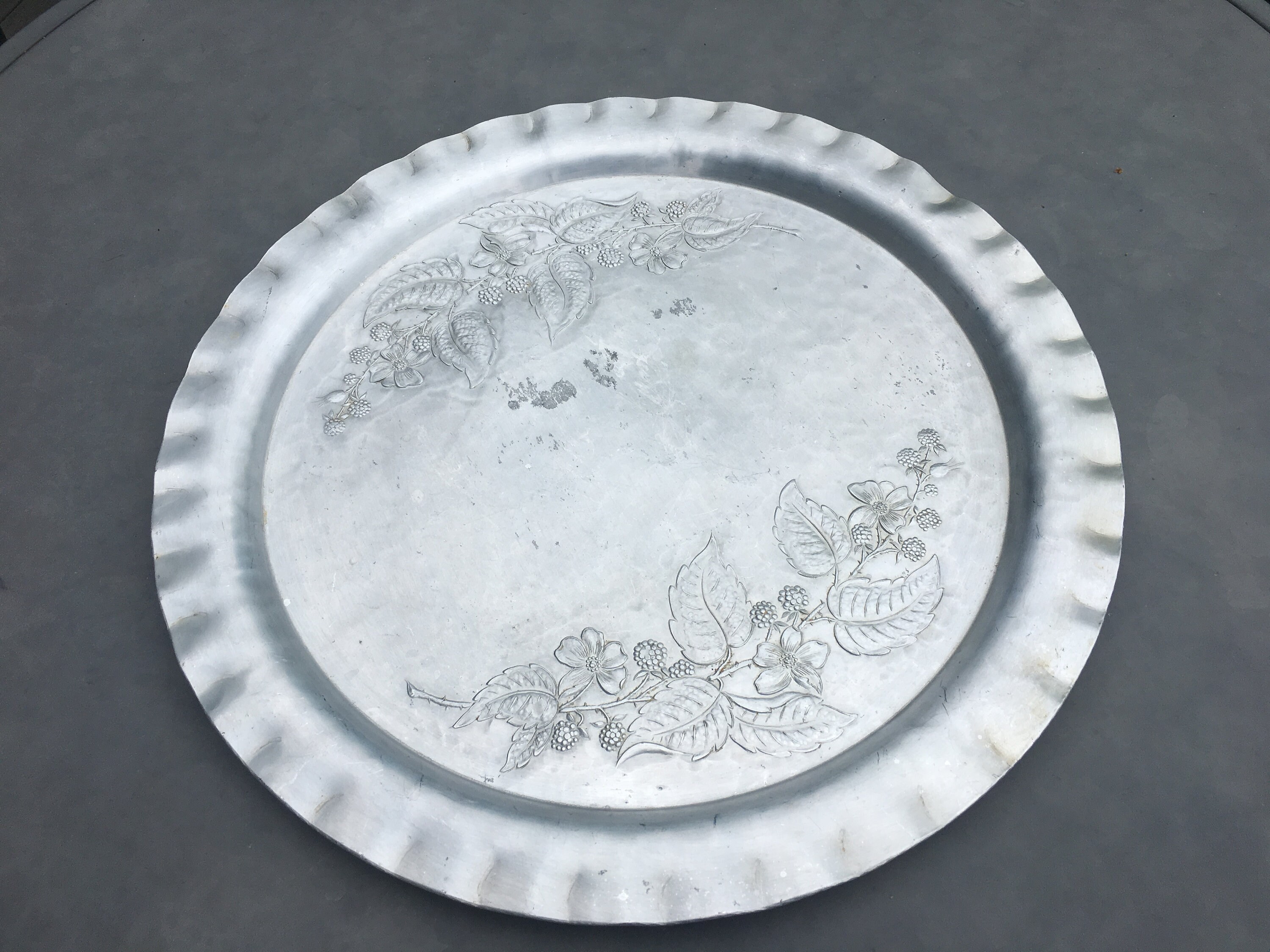 Very Large Round Aluminum Serving Tray. Branches With Berries, Leaves