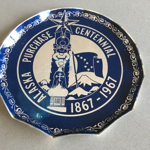 Alaska Tray Commemorates Purchase Centennial, 1867-1967. Unique Silver and Blue Piece!