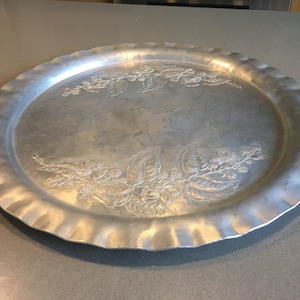 Very Large Round Aluminum Serving Tray. Branches with Berries, Leaves, and Flowers.