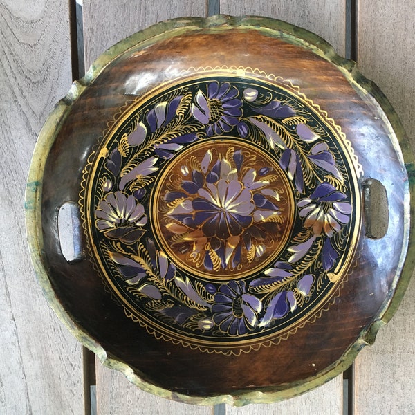 Batea-Style Bowl - Darker Wood Stain w Purple and Cream Flowers. Cut-out Handles. Gold Accents!