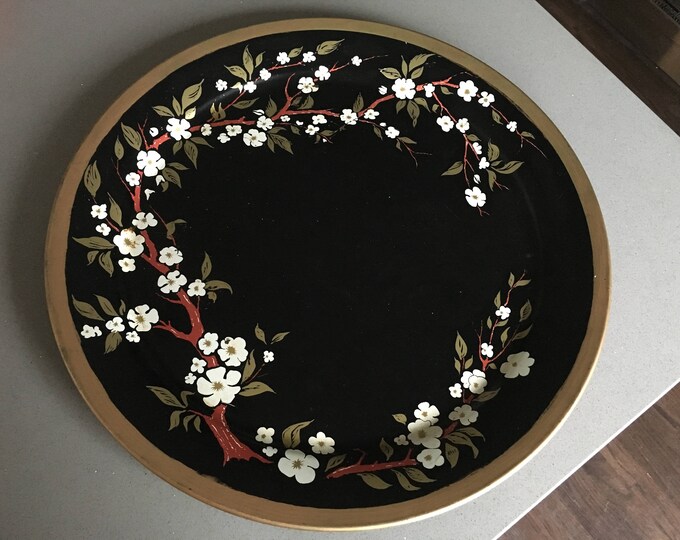 Large Round Metal Serving Tray Black With Flowering Branches Etsy