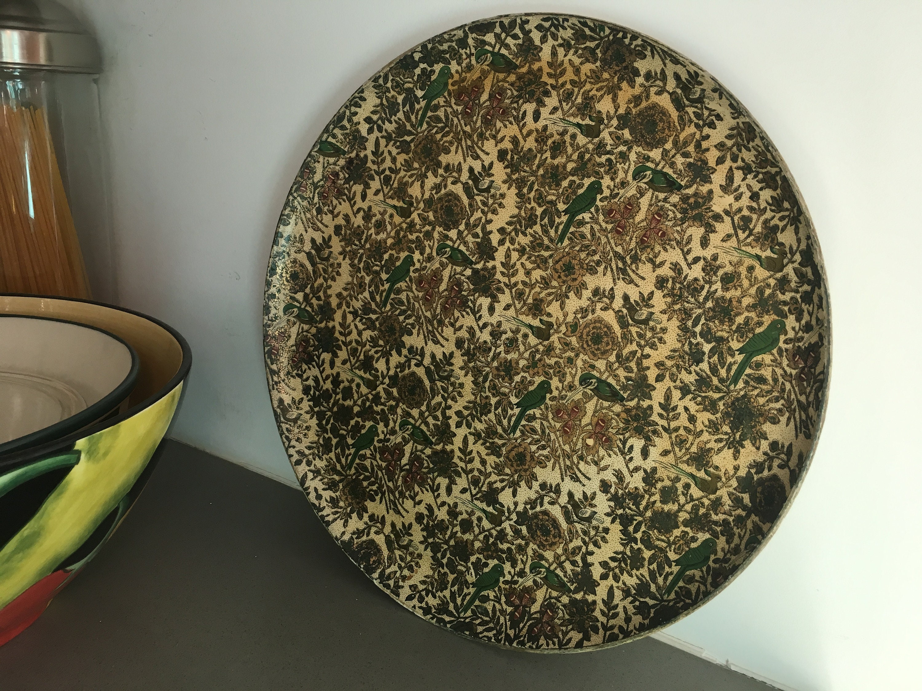 Round Yellow Serving Tray With Green Birds Reminiscent of Vintage