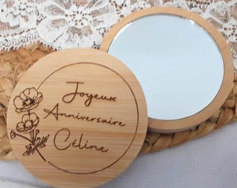 Espejo de bolsillo de bambú personalizable - Grabado láser - Regalo de cumpleaños - Idea de accesorio para mujer