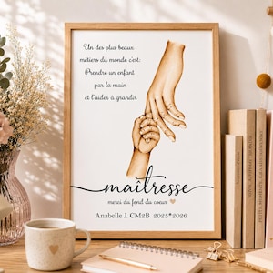 Peut inclure: Une affiche encadrée avec une illustration à l'aquarelle d'une main adulte tenant une main d'enfant. Le texte indique : Un des plus beaux métiers du monde c'est : Prendre un enfant par la main et l'aider à grandir, maîtresse, merci du fond du coeur, Anabelle J. CM2B 2025*2026.