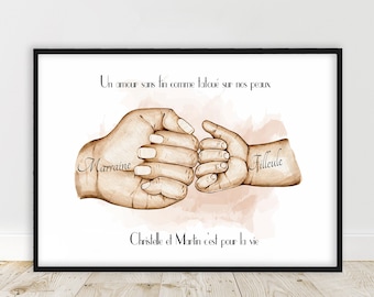 Presente madrinha, Poster de A6 a A3, presente de batismo, cor da pele e texto personalizável, presente de madrinha, batismo de afilhado, afilhada