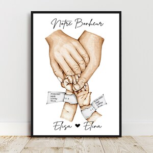 Decorazione per cameretta, poster famiglia personalizzato, braccialetto nascita, formato A4 o A3, creato e stampato in Francia, famiglia di 2 bambini