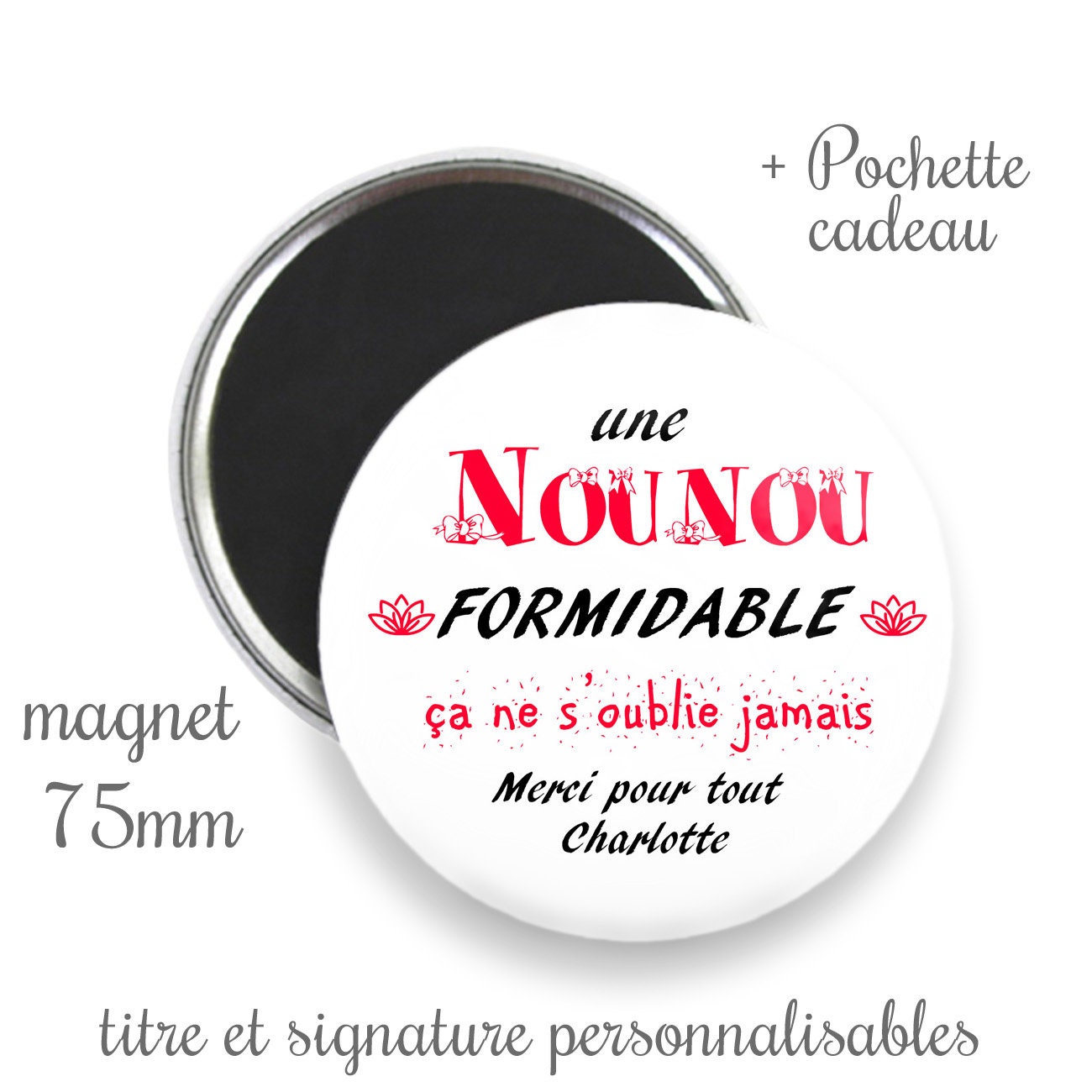 Cadeau Nounou, Miroir 75mm, Magnet Cadeau Remerciement Personnalisable, Nounou, Atsem, Maîtresse, Av