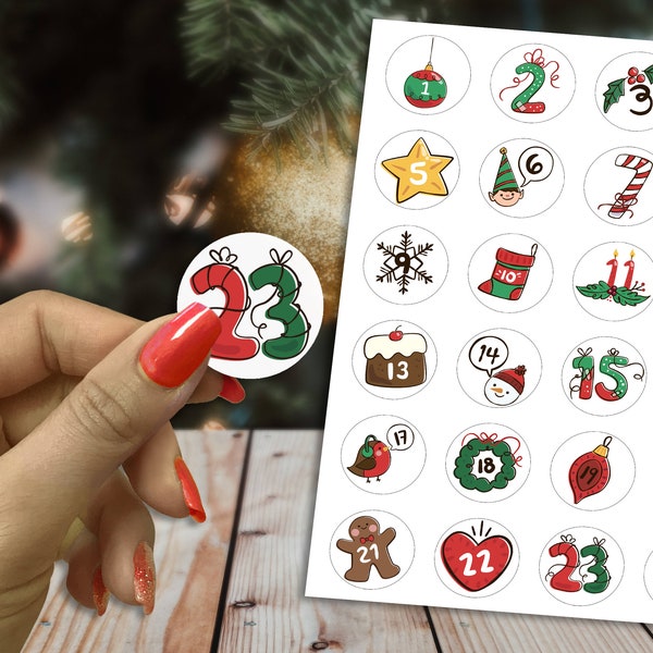 24 étiquettes autocollantes calendrier de l'avent, étiquettes décoratives cadeau de noël, sticker paquet cadeau de noel