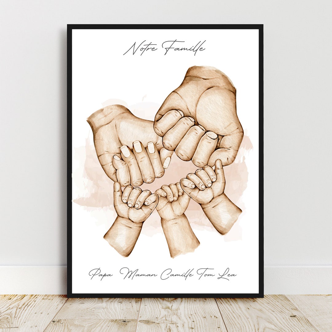 Personalized Portrait, A4 Poster Dad Mom 3 Children, Color, Text and ...