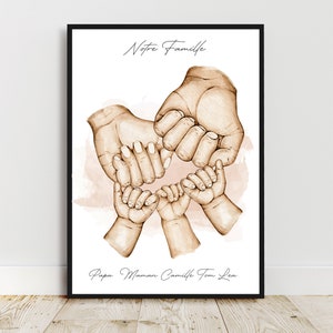 Retrato personalizado, cartel A4 Papá Mamá 3 Niños, color, texto y nombres personalizables, regalo del Día del Padre, Día de la Madre