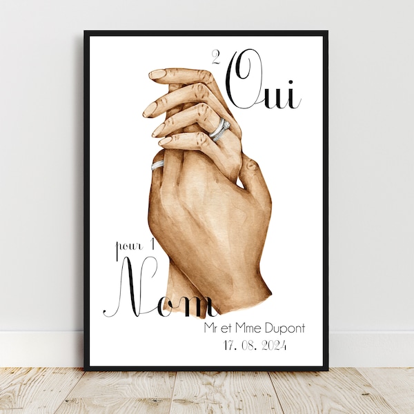 Portrait personnalisé, affiche Couple Mariage, texte et couleur personnalisable,  cadeau pour jeunes mariés, cadeau pour couple