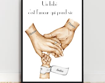 Cadeau de naissance personnalisé, Affiche A4 bracelet de naissance, cadeau nouveaux parents, cadeau fête des pères, fêtes des mères