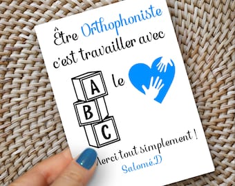 Cadeau Remerciement Personnalisable pour Orthophoniste - carte remerciement personnel soignant, Atsem, maîtresse, Format A6 - Made in France