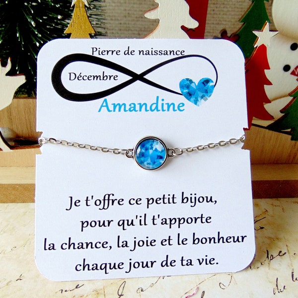 Bracelet Pierre de naissance Décembre (topaze bleue) _ Bracelet chaine en acier inoxydable, carte personnalisable prénom et texte