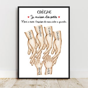 Regalo para GUARDERÍA, número personalizable de manos de niñera y niños, póster A4 a A3 de manos de niñera infantil, regalo de fin de contrato