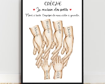 Regalo para GUARDERÍA, número personalizable de manos de niñera y niños, póster A4 a A3 de manos de niñera infantil, regalo de fin de contrato