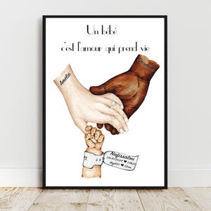 Poster a mano di coppia mista, poster A6 / A5 /A4 /A3, regalo braccialetto di nascita personalizzato, festa del papà, festa della mamma