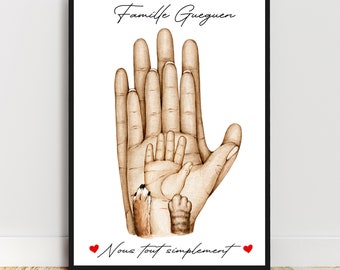 Personalized family illustration, A4 poster Family hand in hand, Father's Day gift, Mother's Day gift