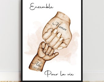 Joyeux anniversaire maman, Portrait personnalisé mère et bébé, cadeau fête des mères, dessin main maman, couleur et texte personnalisables