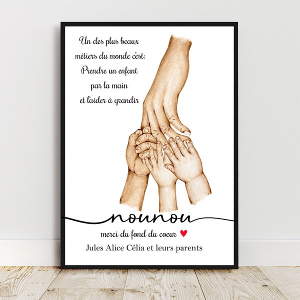 Affiche A4 pour Nounou, Aesh, Atsem Maîtresse,  nombre d'enfant personnalisable, cadeau fin d'année scolaire