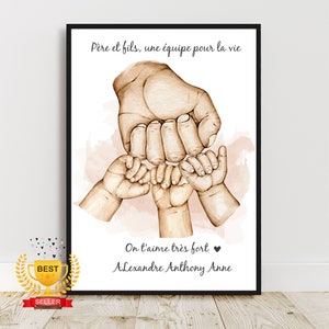 Father's Day gift, A6 to A3 poster, personalized portrait, dad's birthday, family holding hands, customizable color and text